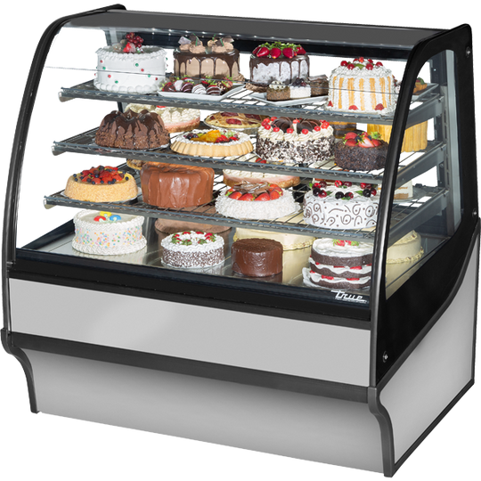 True TDM-R-48-GE/GE-S-S 48" Curved Glass Display Merchandiser - Glass Ends, 3 shelves