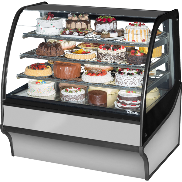 True TDM-R-48-GE/GE-S-S 48" Curved Glass Display Merchandiser - Glass Ends, 3 shelves