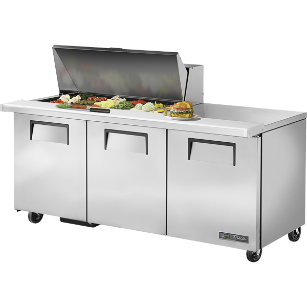 True TSSU-72-18M-B-HC 72-3/8" Mega Top Sandwich / Salad Prep Table - 3 solid doors, 18 Pans